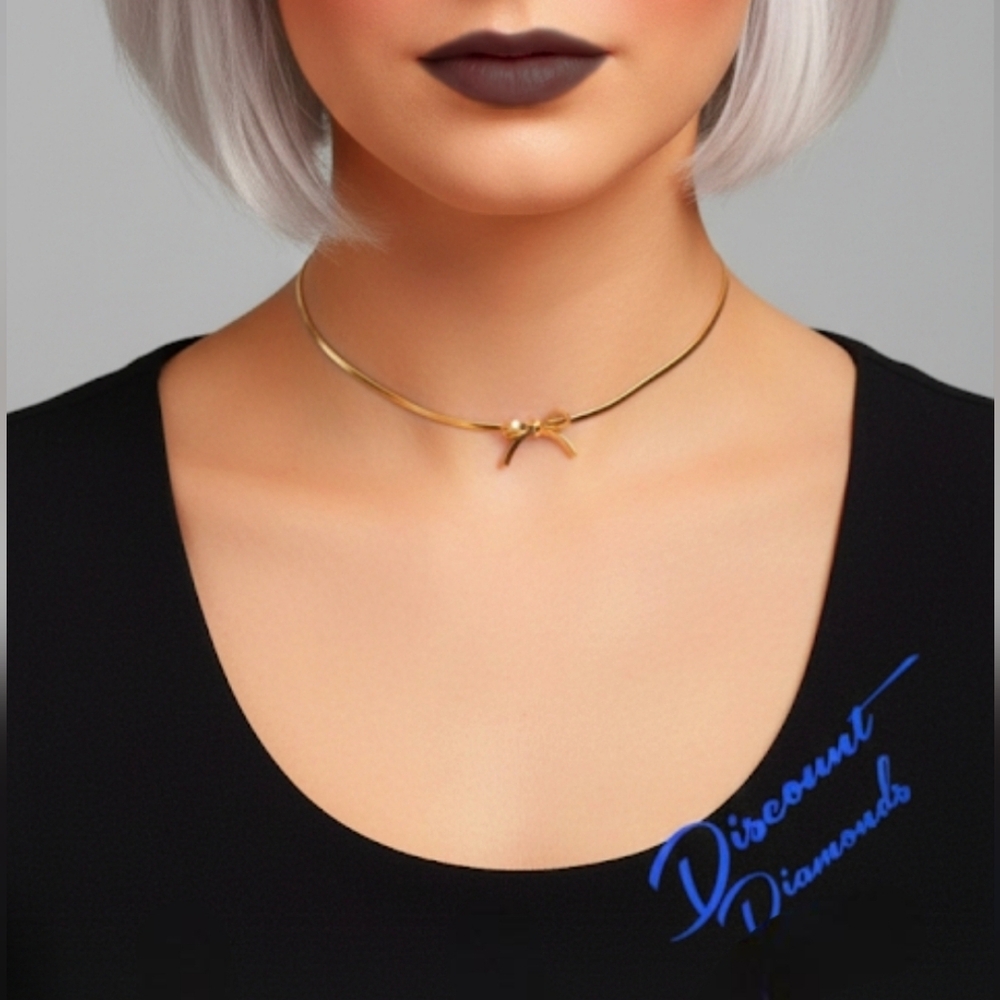 Flat Bow on Titanium Snake Chain Choker Necklace with 18K Gold Plating